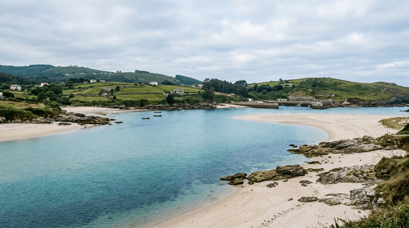 Coastal landscape with turquoise water and green hills